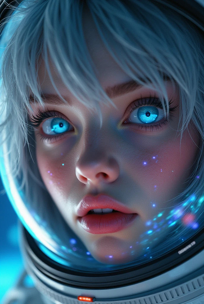 (Close-up of a better masterpiece:1.5)0.9], (Space and astronauts:1.2) (Messy silver hair:1.1) (Heterochromia xanthochromia and blue eyes:1.2) (Space Helmet:1.0) (Colored stars in the eyes:1.0) (A radiant glow:1.1) (thick lips:0.9)