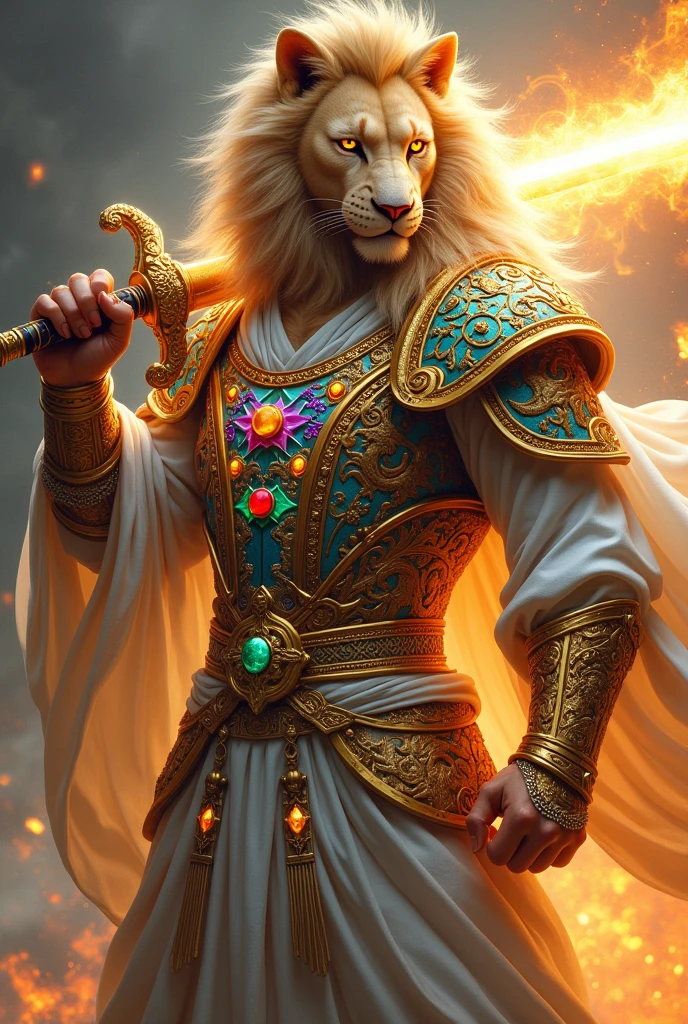 Ninja in white clothes , showing the face of Lion, with sword of fire , gold armour, couraça no peito cerulean cheia de pedras preciosas verde,rot, purple,cerulean,yellow,Safira branca Greva cerulean.