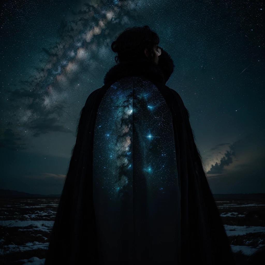 Make me a novel cover with a person facing the sky full of stars and galaxies from the earth and facing back And he was a man wearing a black fur robe and a big body But his face is not visible