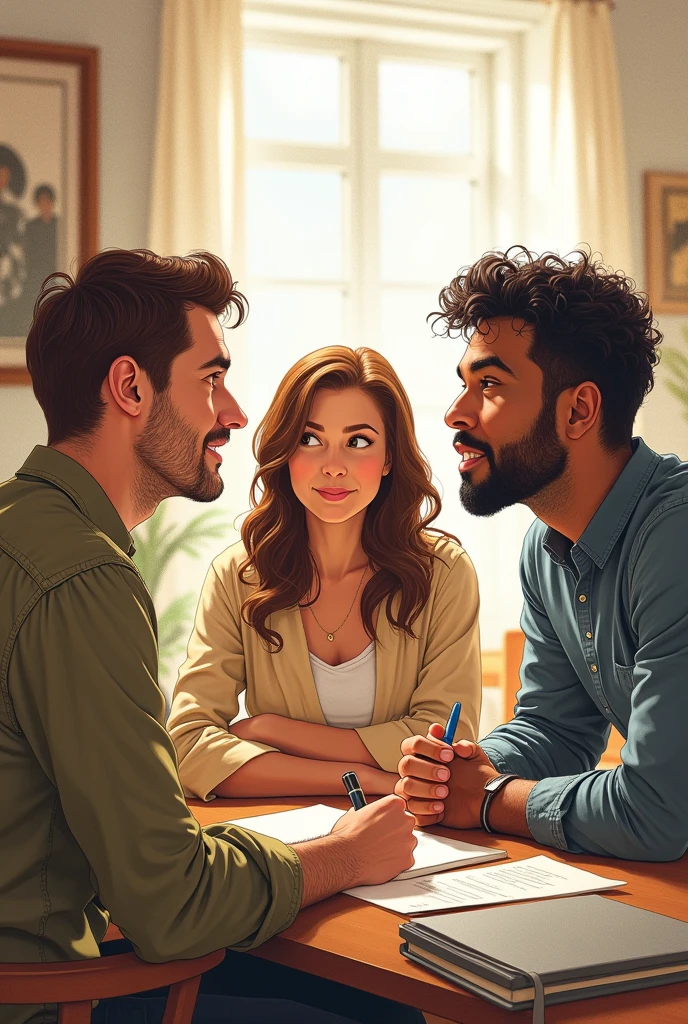 Drawing of 3 people, one writing, one talking and one listening,for drawing and coloring