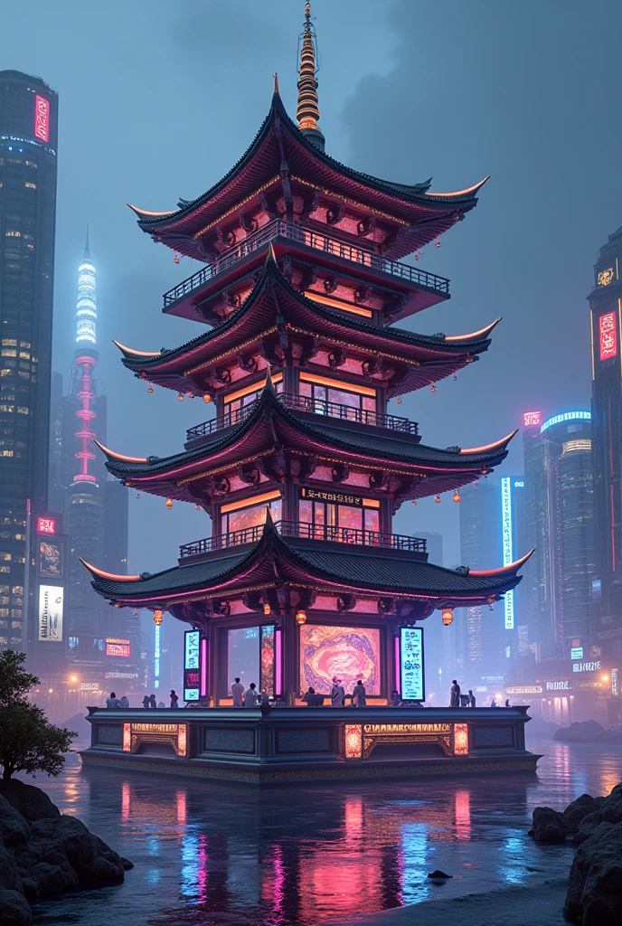 Cyberpunk dj booth as a pagoda