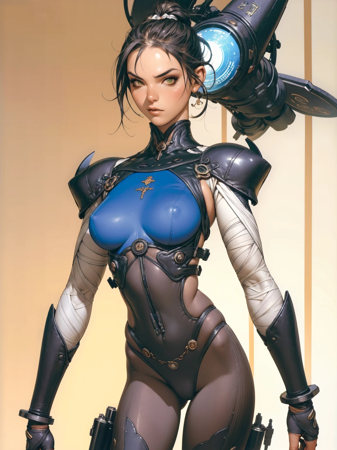 (((Annie Lennox))), ((( transparent suit ))), (((Bandaged body))), ((high collar)), (((Yellow and dark blue))), (((best qualityer: 1.4))), (Unbeatable masterpiece), (hiper HD),(CG 8k hyper-realistic), (((brave face))), (((breasts big))), (((hyper feminine))), sexly girl, Tron,(black bob hair)), ((( sculptural body ))), (((1 Kizi))), Kizi cibernética de 25 anos com perfectbody,,Beautiful and well-groomed face,muscular body:1.2,solid color detailed jacket, (Head to thigh photos), Complex equipment, green dark,Long pants,Tight clothes are dark,With white stars and off-white stripes,,,,,Armor Metal Electronic Parts, Poison tattoos ) INFO, Kizi, (((standing alone))), pirralha violent, ((())), sexly, pose de atitude, work of art, post-apocalypse, (((manga style))), bounty hunter, violent, Manic, the way you want, slenderbody, thin but strong, perfectbody, roupa moderna, advanced technology, neon, sleeves with vertical striped pattern, neutral background, (( cowboy shot )). intricate visual
