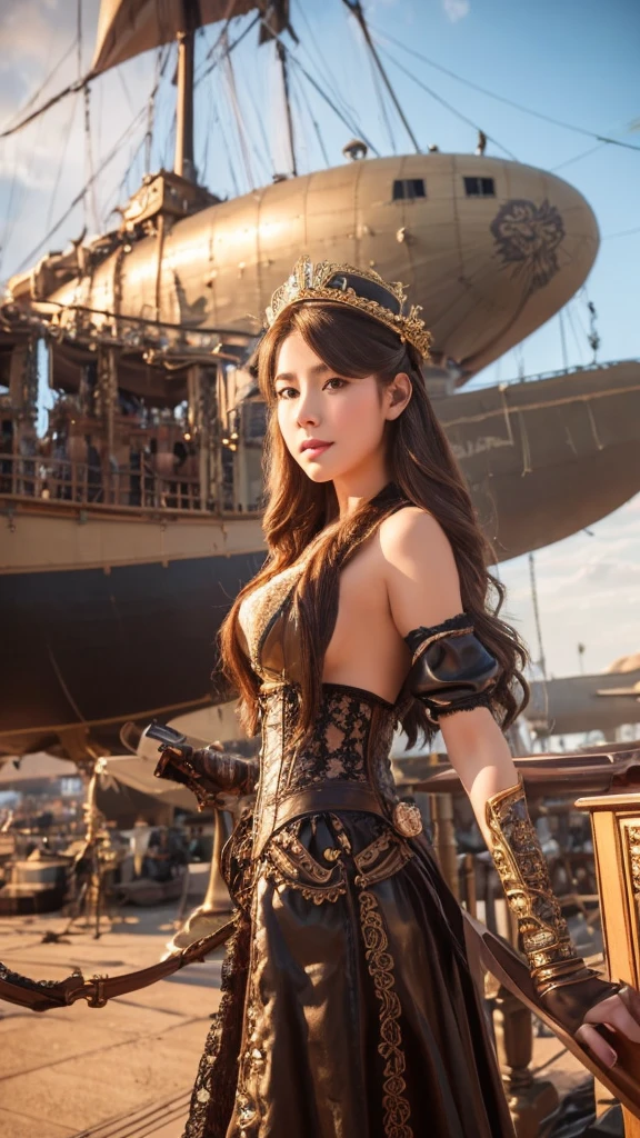 A beautiful young Thai-Russia idol girl in elaborate steampunk attire stands confidently with a vintage airship as a backdrop. She has long, flowing brown hair, detailed beautiful eyes and face, is wearing an elegant black dress with intricate lace details and a corseted bodice. She is also wearing a pair of ornate goggles on her head, which she is adjusting with one hand. The airship behind her is large and impressive, with a metallic, weathered finish that suggests both power and a sense of adventure. The scene is set in an open field with a slightly overcast sky.