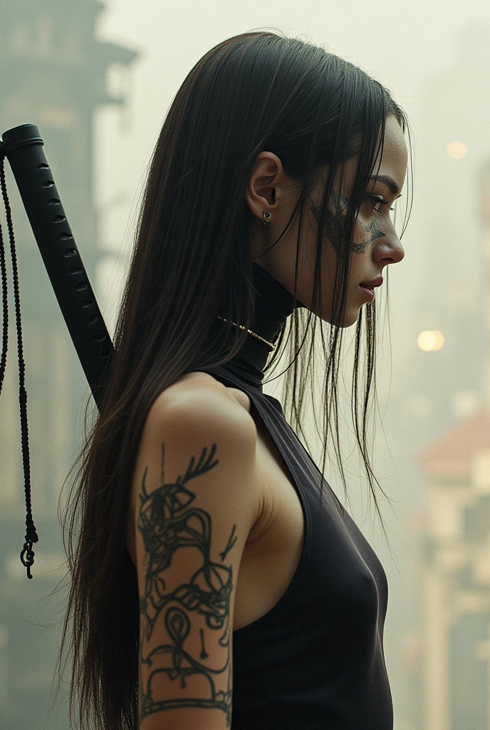 editorial photography,super detailed background,Super realistic,double exposure,depth of field,beauty super slender skinny vibes,soft focus flashy colors tone,narrative scene,acrylic paint,high-contrast multilayer structure cyborg,luminous body,super long straight brunette hair,Hold a Japanese sword KATANA with both hands,bare shoulders,dystopia apocalypse,geometric big tattoo on face,