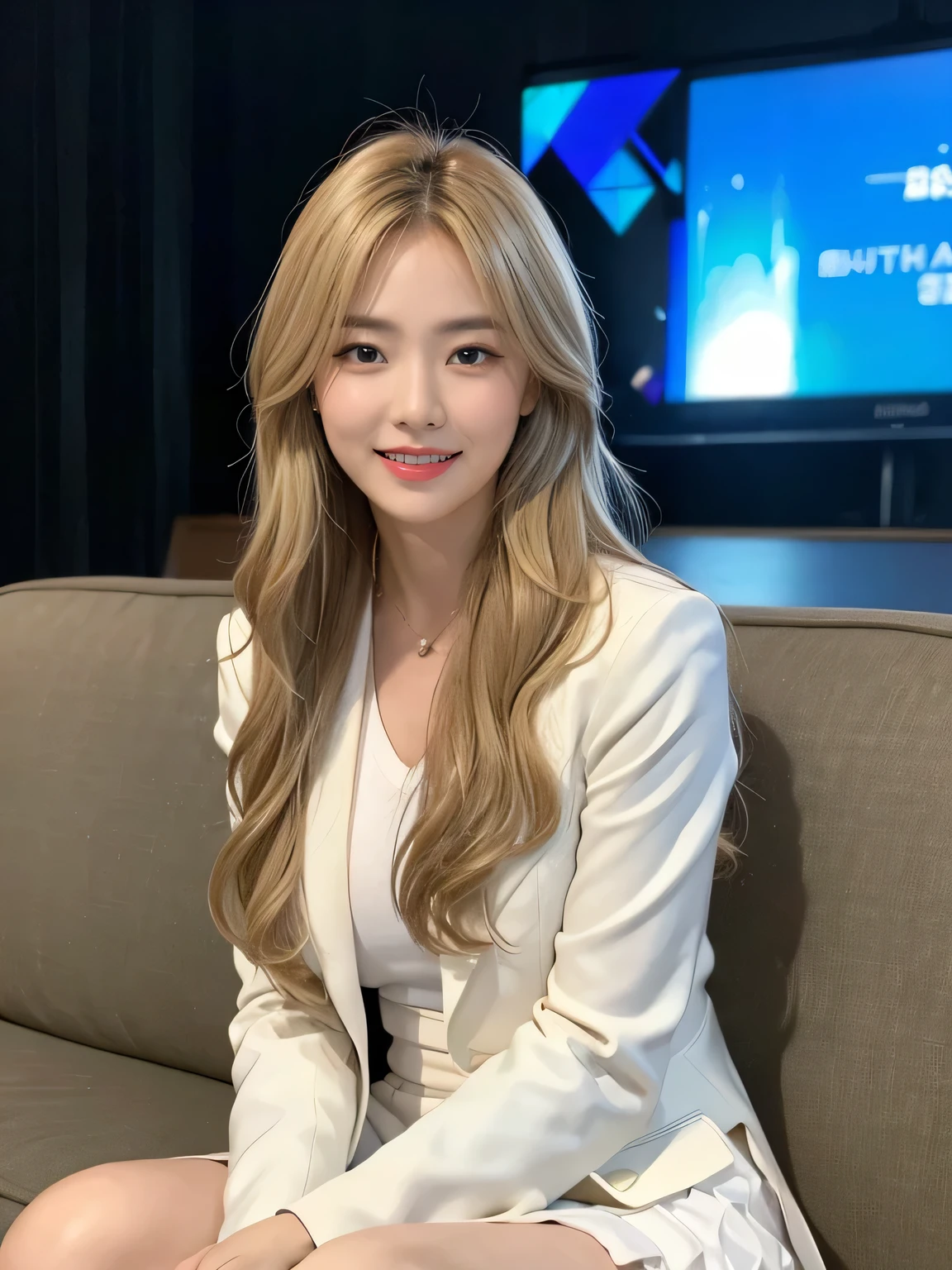 (8,000; Best Quality: 1.2), (Realistic, Realistic: 1.2), Lovely, Solo, Sky is Beautiful and Clear, Night, Moisture, Watching the Audience, (Sit: 1.6) Date, Mirai, (Nose Brush), (Smile: 1.15), Delicate eye (Deep Blonde: 1), Floating Hair Nova FrogStyle, White Suit Jacket, Burton T-shirt, Beige Pleats Skirt, Makeup, Lover's Smile, 40 years old, Beautiful (8,000, Yes, RAW Photo: 1.2, Random body orientation, 