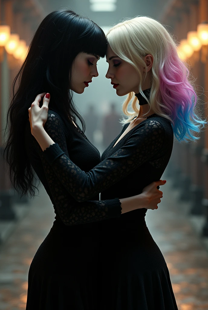 Wednesday Addam's e Enid Sinclair dançando tango
Duas mulheres
Wednesday tem cabelos pretos longos até as costas e franjas and 1,55 tall .
Enid has shoulder length blonde hair with blue and pink tips., and 1,65 tall