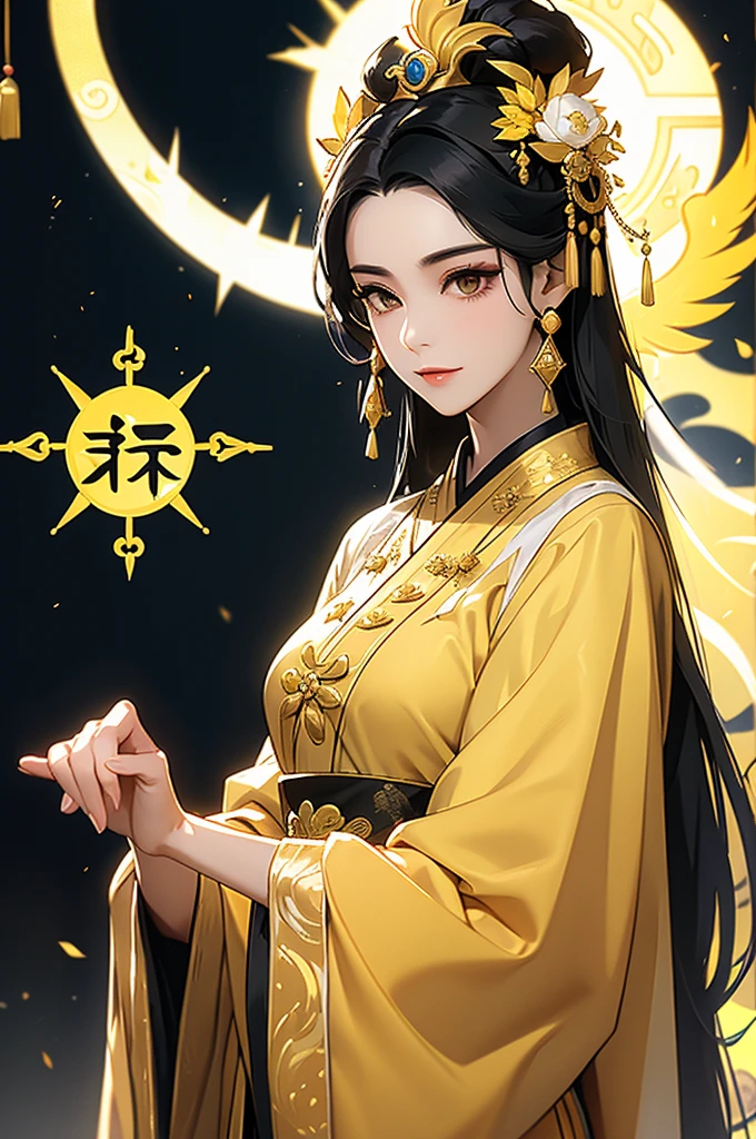 Black Hair, Immortal, Beauty, Royal sister, Stepmother, Gold Yellow Taoist robe, Golden Phoenix Coronet, Hair Bunch , Mature Woman，Sunshine