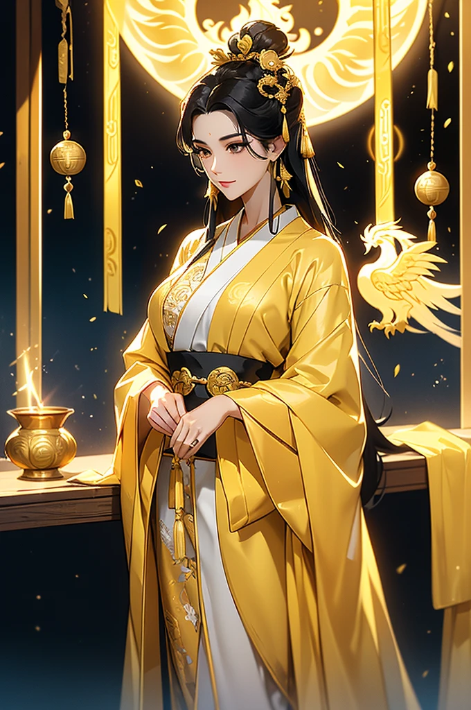 Black Hair, Immortal, Beauty, Royal sister, Stepmother, Gold Yellow Taoist robe, Golden Phoenix Coronet, Hair Bunch , Mature Woman，Sunshine