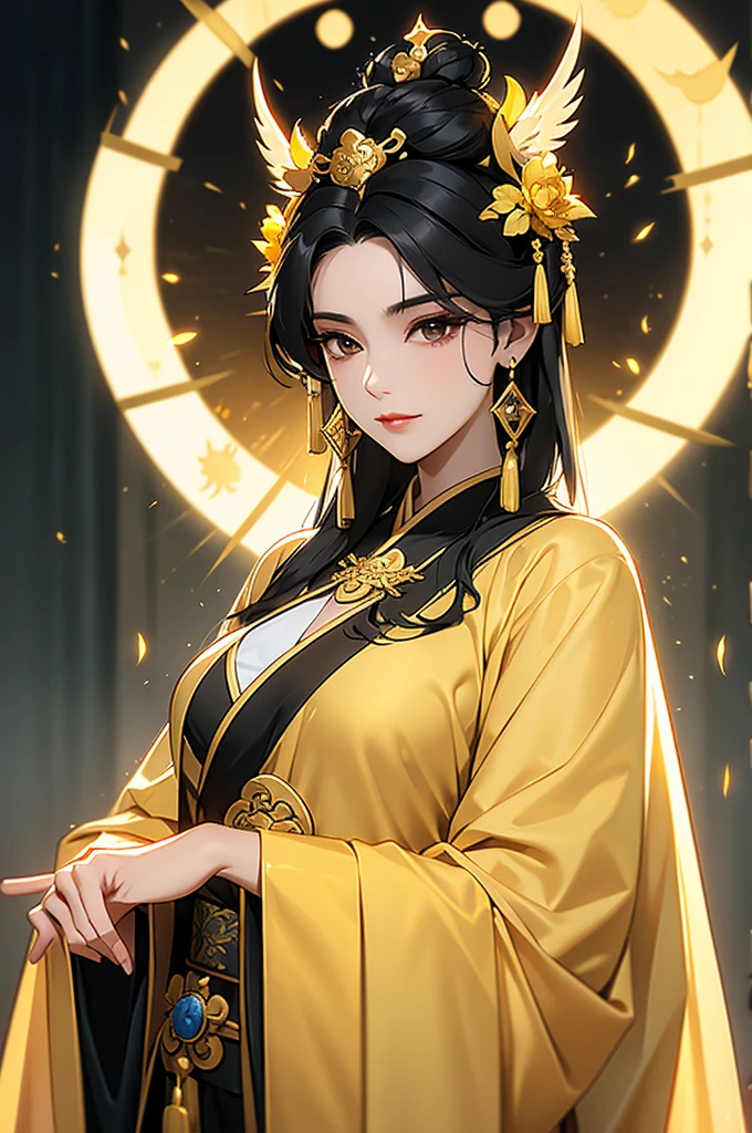 Black Hair, Immortal, Beauty, Royal sister, Stepmother, Gold Yellow Taoist robe, Golden Phoenix Coronet, Hair Bunch , Mature Woman，Sunshine