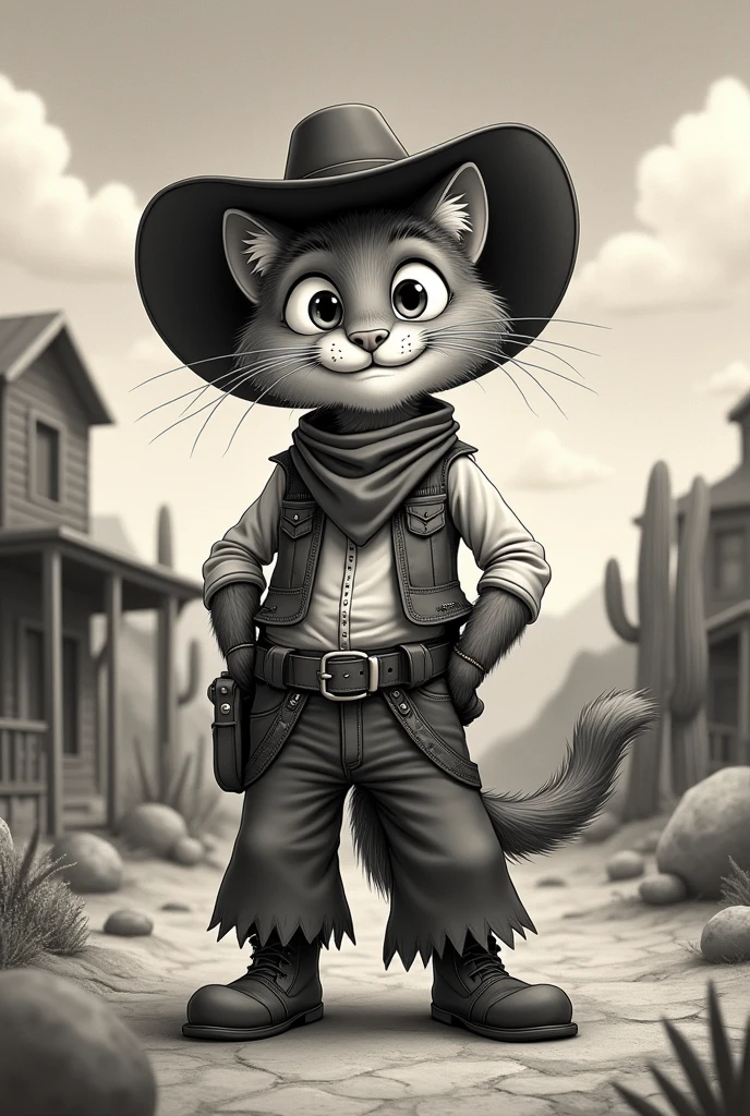 cat dressed as a cowboy in the old west in the style of an old vintage 1940's black and white cartoon