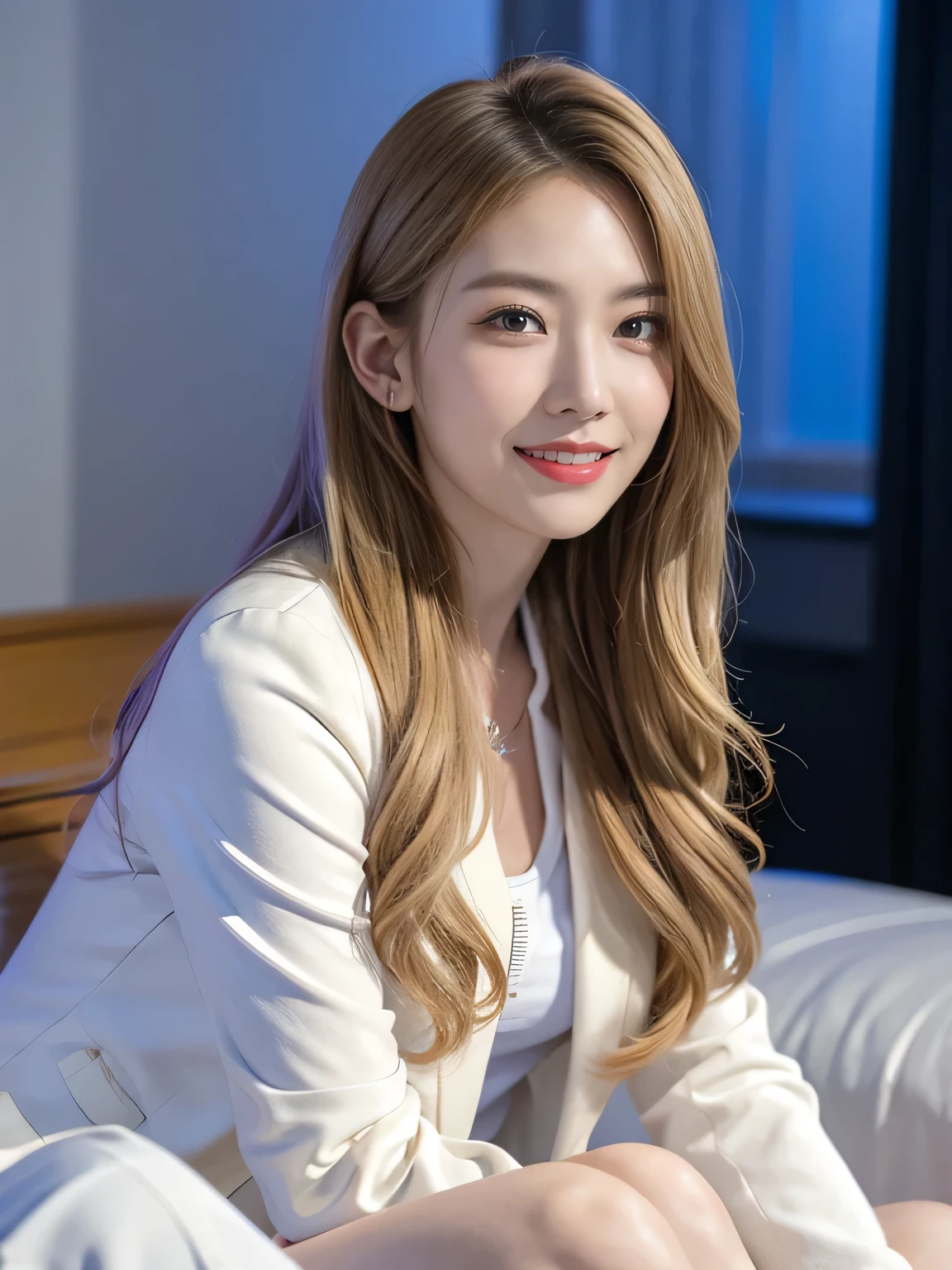 (8,000; Best Quality: 1.2), (Realistic, Realistic: 1.2), Lovely, Solo, Sky is Beautiful and Clear, Night, Moisture, Watching the Audience, (Sit: 1.5) Date, Mirai, (Nose Brush), (Smile: 1.15), Delicate eye (Deep Blonde: 1), Floating Hair Nova FrogStyle, White Suit Jacket, Burton T-shirt, Beige Pleats Skirt, Makeup, Lover's Smile, 35 years old, Beautiful (8,000, Yes, RAW Photo: 1.2, Random body orientation,