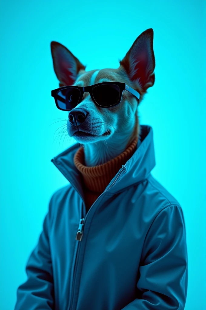 The best cell phone wallpaper, Award-Winning Wallpaper, portrait photography, In the front view is a portrait of a cute dog wearing mid-1960s space age fashion, Side view photo, Shot with Canon EOS R5, Set a strong contrast that accentuates the subject, Fluorescent blue tone, Wearing a very modern coat and sunglasses is a modern 1960s style, Clothes all in one color, beautiful background