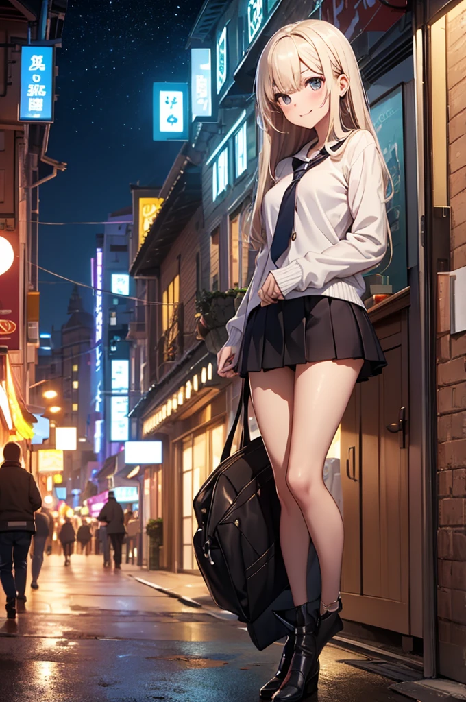 masterpiece, best quality, high quality, Full-HD, FHD, absurdres, town, city, girl, delightful, grinning, standing, looking at viewer, long hair, tall, slender, mini skirt, pants, underwear, at night, anime、パンツ、Tバックパンティー、黒いTバックパンティー