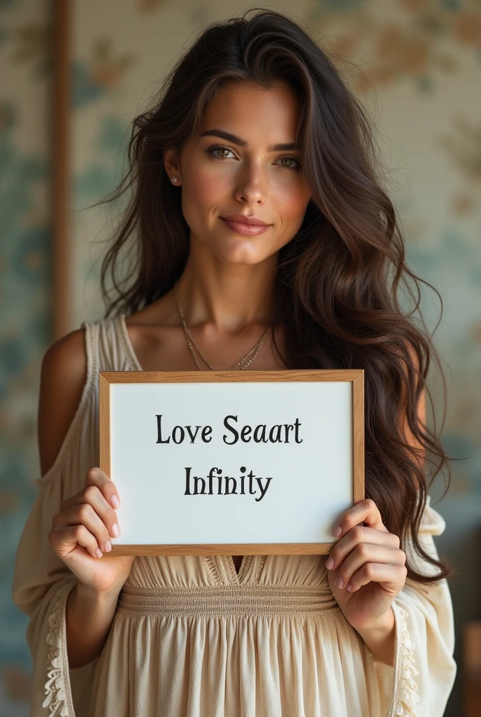 Beautiful girl with wavy long hair, bohemian dress, holding a white board with text "I Love Seaart Infinity" and showing it to the viewer