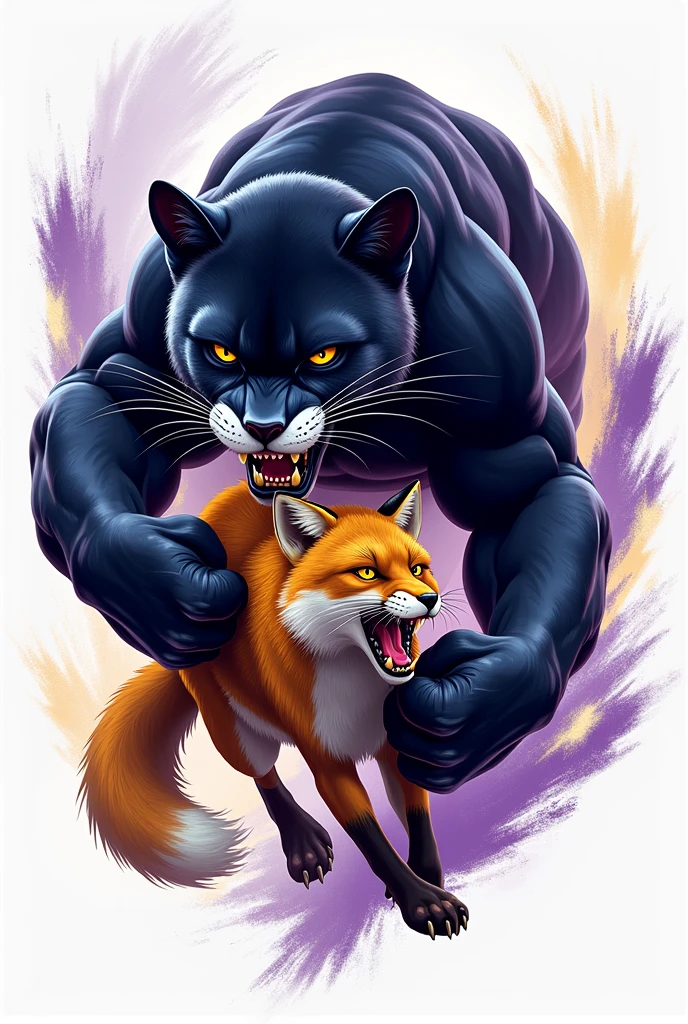 White team shirt with purple and gold details,with a very fierce panther in a realistic and not too exaggerated way,eating a fox