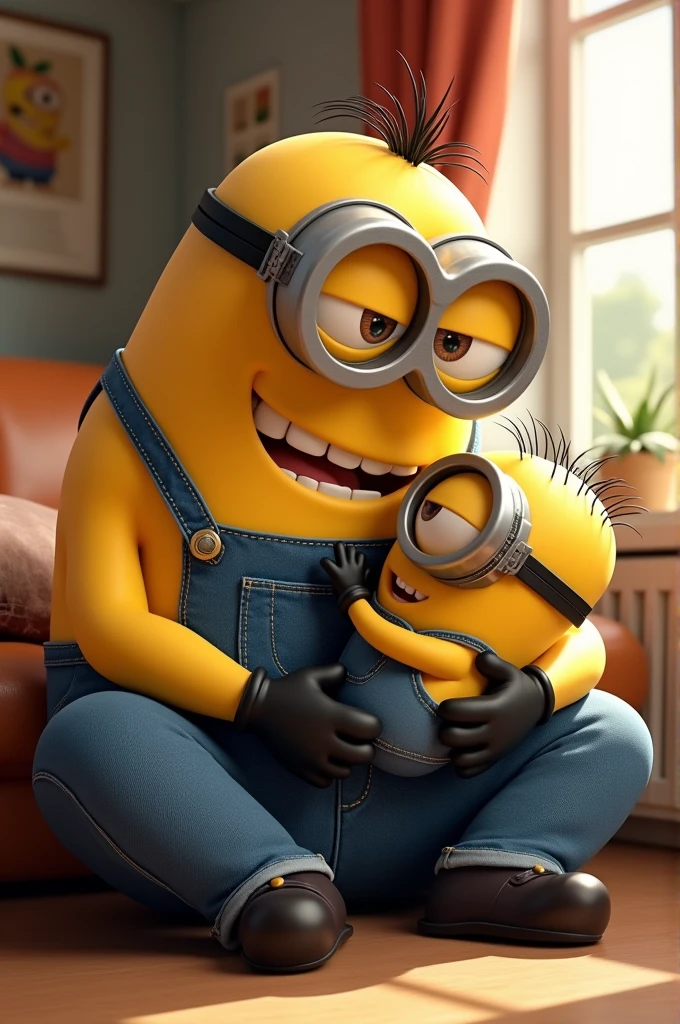 Minion daddy with baby minion on his lap