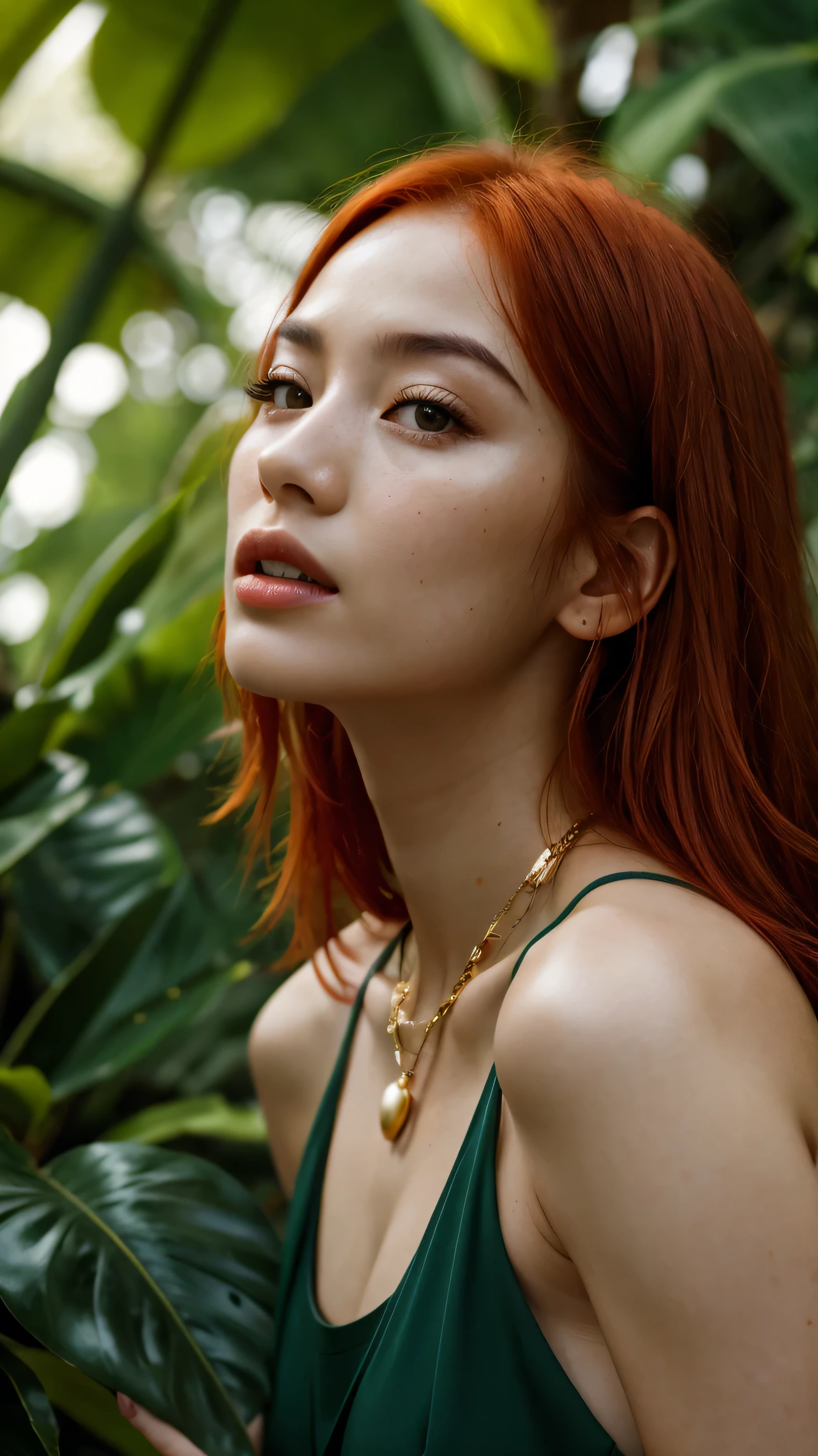 a woman with red hair and green leaves, hyper-realistic skin, shiny/glossy, modern jewelry, gongbi, portraiture, dark teal and light gold, tropical landscapes