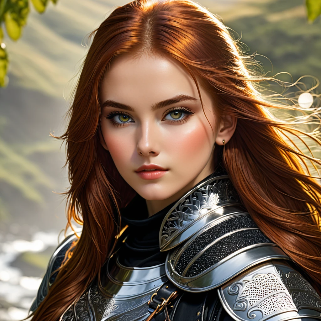 an image Nayane Laura Menequel XX weeks 13, a beautiful young woman with a friendly warrior appearance, detailed clear honey eyes, long redhead hair, wearing BLACK ARMOR AND BOOTS