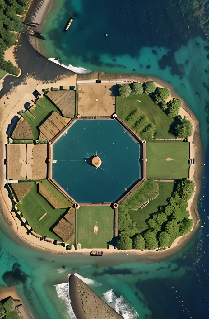 Create the map for a board game similar to Catan, It is an island which has the same materials as Catan., but there are 2 starting points for the teams and the sea surrounds the entire island, not to pass through the middle. Make it clear that there are different materials to be collected in each section with different colors that represent the material., like clay, stone, wood, straw and sheep, which have only one point to be able to collect them, and that there are no extra spaces on the island that should be in the center of the image. Make sure of the different materials, especially those that are not natural to this place., that they are represented throughout the island. Make it more like a cartoon