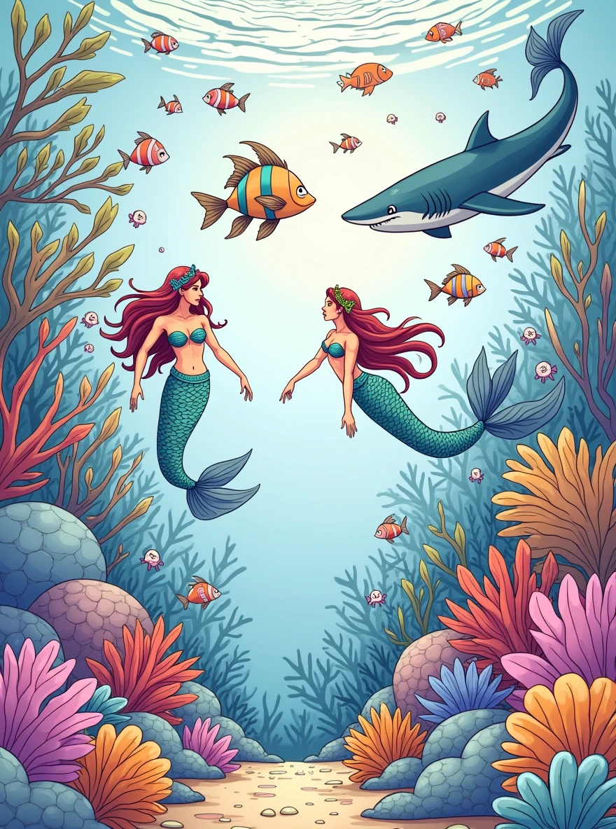 Line drawings of an underwater world with fish, coral reefs, sharks, octopuses, and mermaids. The underwater environment should be vibrant and full of life, with plenty of details for kids to color