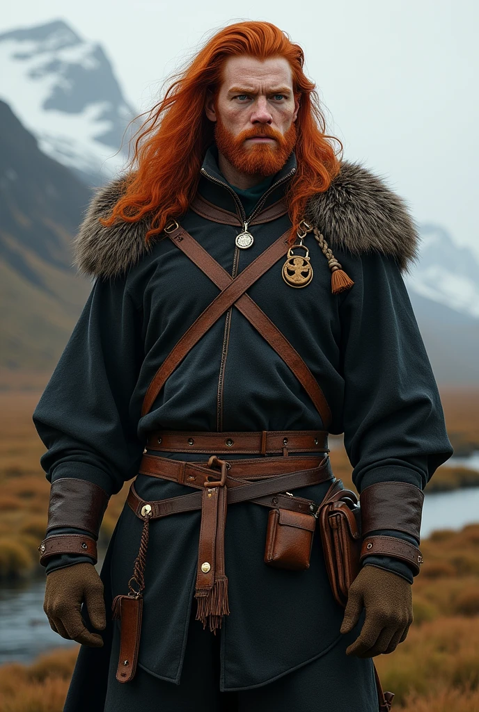 Young man dressed as an Icelandic guide, tall and robust with a strong and resistant physical constitution. With a serious and undisturbed face, maintaining an impassive expression and with long and red hair, reinforcing its Nordic origin and strong presence.