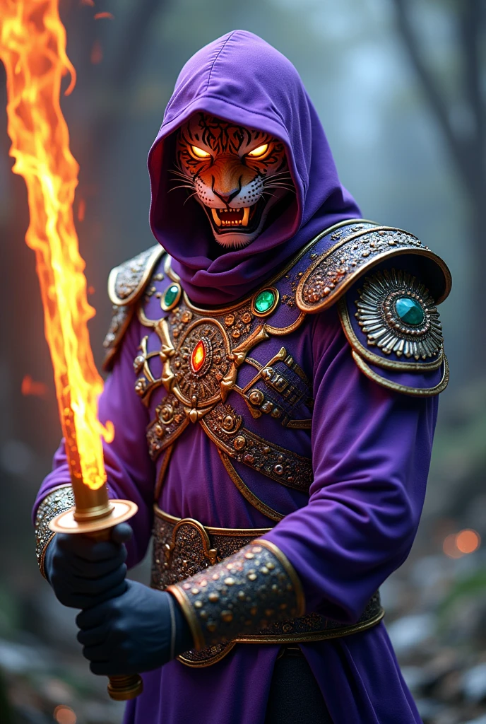 Ninja in purple outfit , showing tiger face with fire sword , gold armour, couraça no peito cerulean cheia de pedras preciosas verde,rot, purple,cerulean,yellow,Safira branca Greva cerulean.