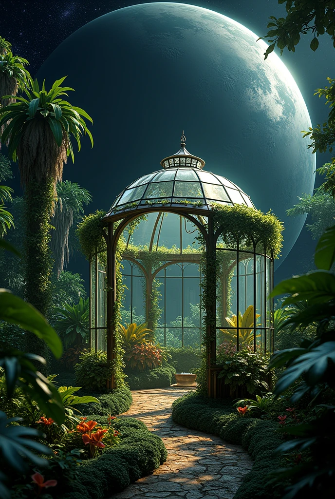Create a greenhouse image with a black background of the planet