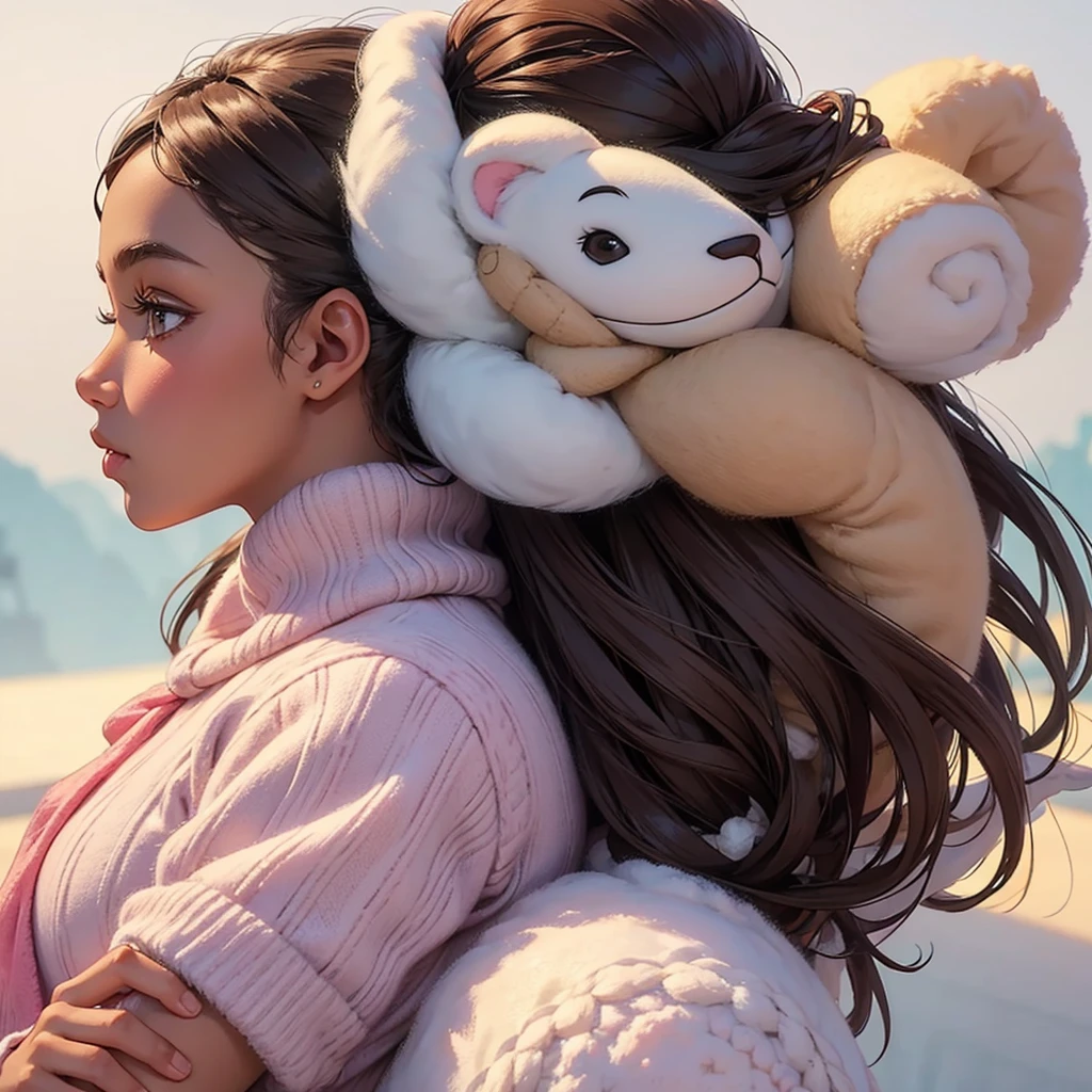 woman with brown skin, pastel colours, Whole body, centered, Profile picture, with wool stuffed animal