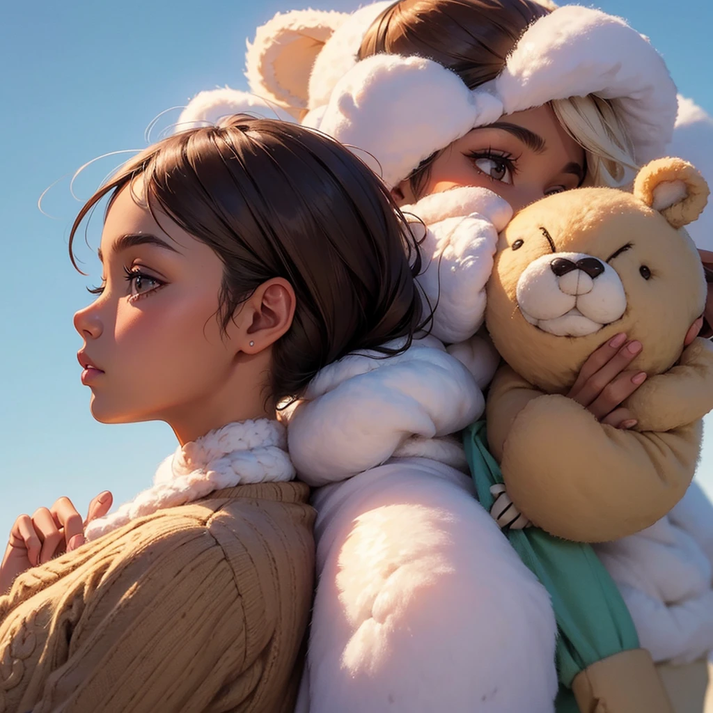woman with brown skin, pastel colours, Whole body, centered, Profile picture, with wool stuffed animal