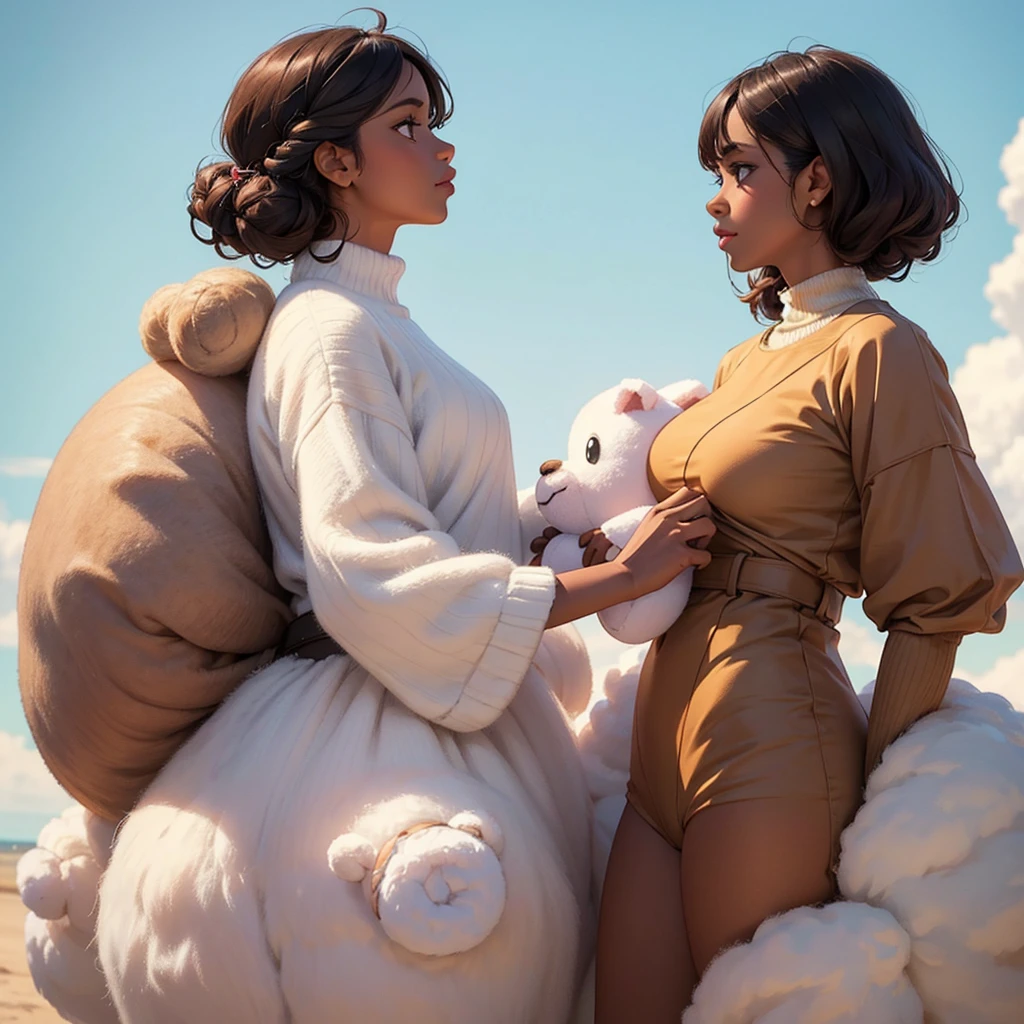 woman with brown skin, pastel colours, Whole body, centered, Profile picture, with wool stuffed animal