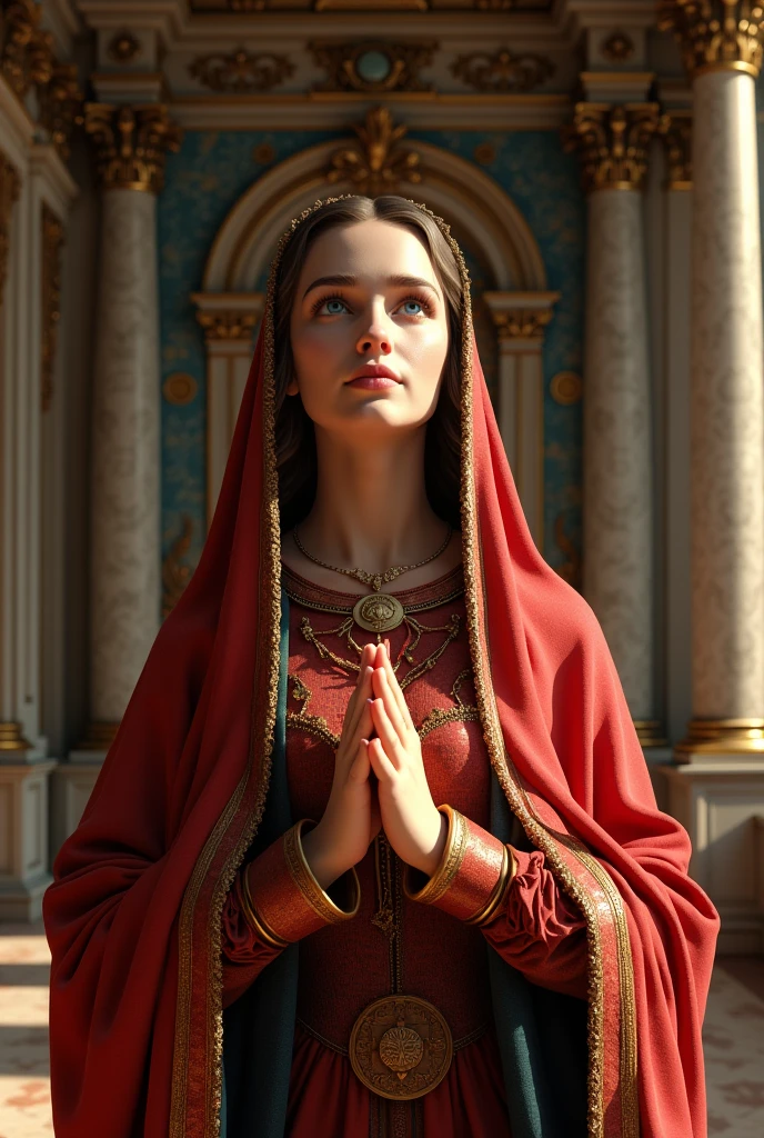 Perfect hand 5 finger, Portrait of a beautiful virgin mary wearing red clothes of king in the palace, virgin mary, real blue eyes, sunny day, intricate details.real virgin mary, straight head face, Straight body.Prayer jesus, perfect full body, perfect hands finger,Prayer virgin mary, praying virgin mary backgrounds natural photographic