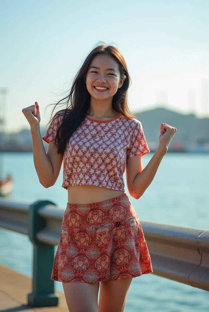 Beautiful woman, Korean born, 25 years old, round, round face, chubby cheeks, tight short crop t-shirt, (round t-shirts are getting bigger, like a balloon about to pop), batik motif, mini batik skirt, is standing, squinting, by posing with his fists up and roaring, chuckle, the pose imitates the style of waiting, and rolling great, ((portrait running effect)), sea coast harbor landscape, guardrail, high resolution, 8k, v8 - ,