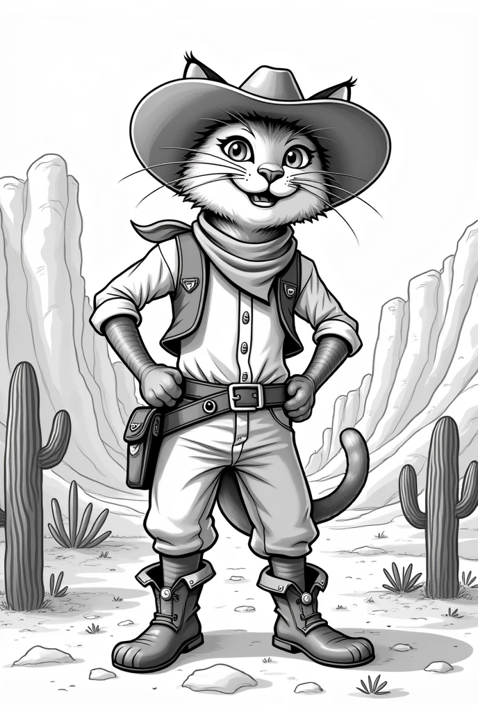 Simple 2d cat dressed as a cowboy in the old west in the style of an old vintage 1940's cartoon in black and white