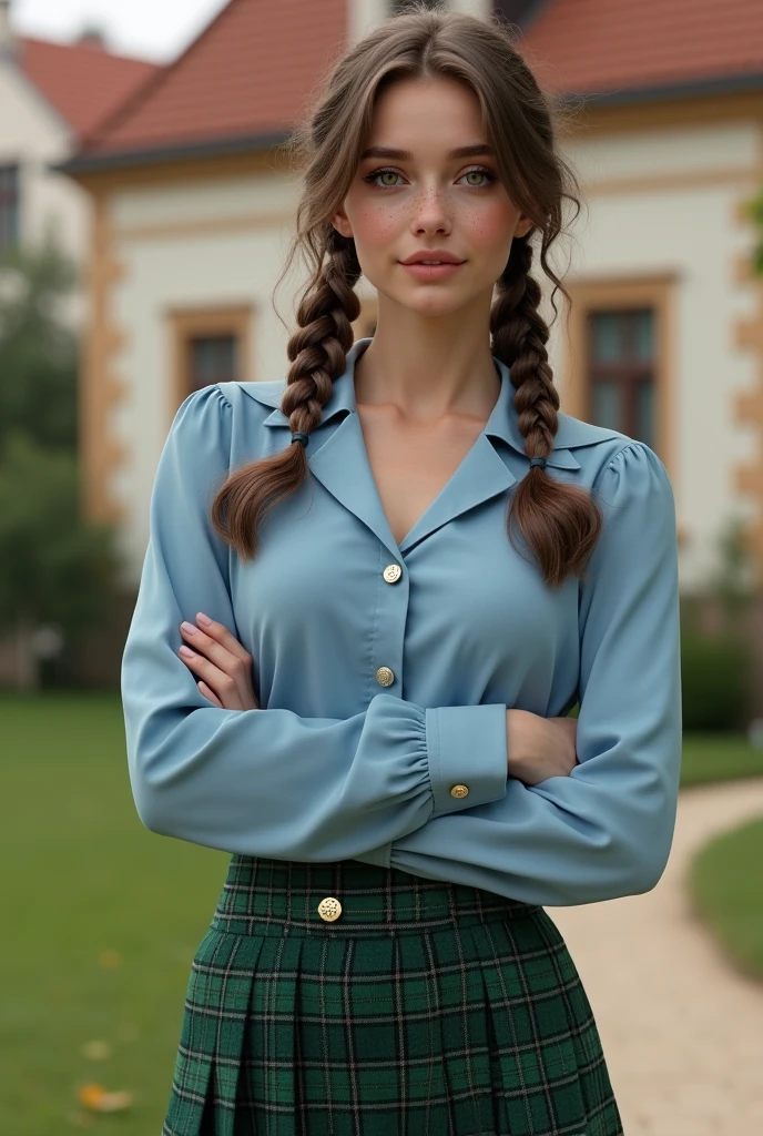 Czech girl with long straight brown hair,Twin tails, Tank rail, E Cup,Slightly curvaceous, Narrow waist,Hazel Eyes, freckled cheeks, She is wearing a sky blue sailor collar blouse and a green tartan check knee-length mini skirt., A very classical house with a height of about 170 cm.、'Prague. 8k