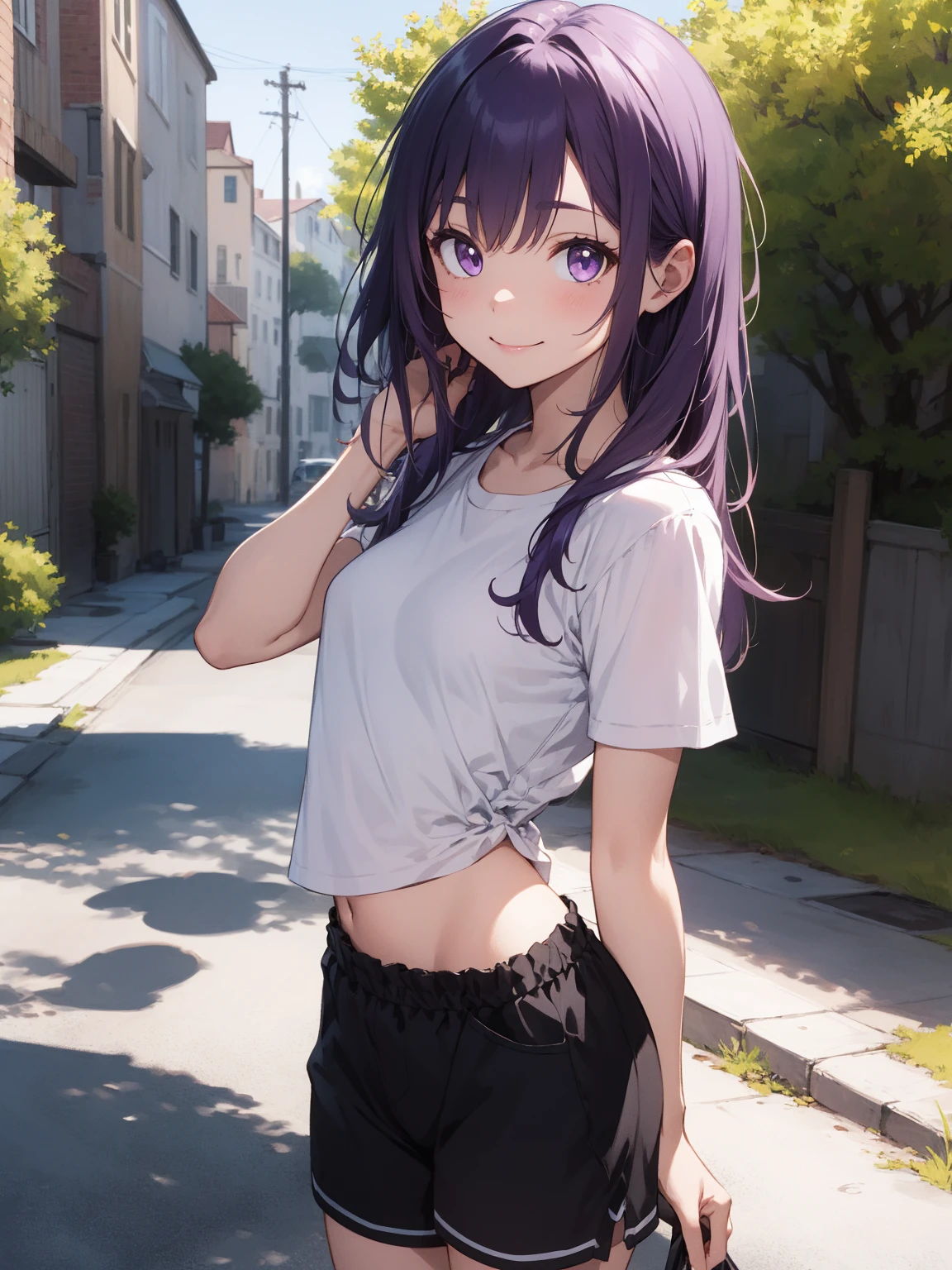 (extremely detailed CG unity 8k wallpaper),(masterpiece),(best quality),(ultra-detailed),(best illustration),(best shadow),1girl, solo, purple eyes, looking at viewer, long hair, closed mouth, purple hair, bangs, outdoors, sidelocks, pale skin, no pupils, pretty, full body, wearing a white cropped t-shirt, black shorts, small breasts, 34 years old, adult, smiling, hair down