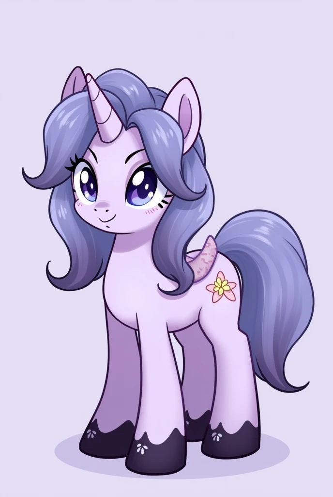2d, mlp style, base, reference, hoja de reference, female, linda, fluffy, purple, opaque colors, pastel colors, Soft colors, alicorn with broken horn, purple body, black legs, purple eyes, white pupils, galactic hair, Light purple, Long hair, corruptapony, female, Unicorn, white body, ombre hair (the hair is light blue, grey and black from root to tip), heterochromia, a dark blue eye, second yellow eye, fluffy fur, fluffy hair, Detailed face, absurd resolution, absurd detail, Whole body
