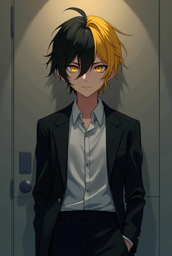 Anime of a yellow-haired boy with black hair and yellow eyes in a black suit and white shirt and black pants in the style of Finn Ames
