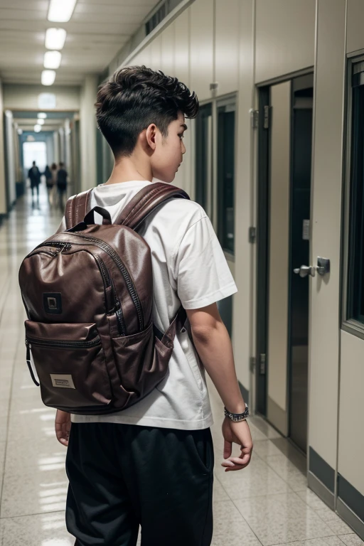 3. **Third Scene (Couplet 2):**
- **imageio:** The boy walking through the school corridors, while other students laugh and whisper. He's shrunken, holding his backpack tightly, trying to hide from the humiliation.