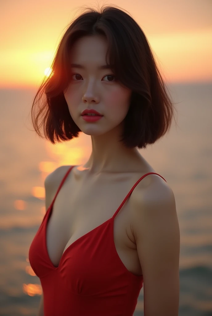 (Best quality, 8k, 32k, Masterpiece, UHD:1.2), NSFW, Photo of Pretty Japanese woman, large breasts, concise bob hair, upper body, face focus, maxi dress, no bra, simple background, cinematic lighting, sunset, from above, looking at the viewer,
