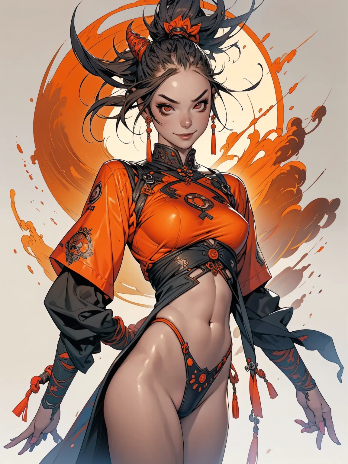 (((dressed))), (((detailed clothing))), (((fight clothes))), Japanese demoniac girl with a tiny thong and torn top with drawn flame graphics, crazy face, sarcastic smile, punk hair, mohawk hair, colored hair, slim and well-defined body, Waist slender, dirty laundry, world after apocalypse, wasteland, sexly, pose de atitude, Create a cool character for a gacha game based on the game Zenless Zone Zero, female character in devil clothes in warm colors, S-level fire elemental character, devil horns and tail, beautiful and cute face, nymph body, lolly, haughty, devilish smile, wielding a serrated sword, pose de atitude, aggressive movements