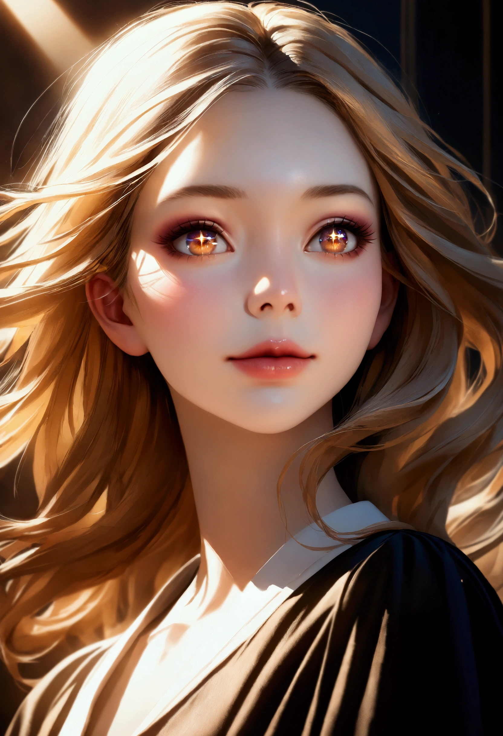 Ultra-detailed, Photorealistic, Beautiful detailed face of 4 young girl, Detailed eyes, detailed lips, long eyelashes, porcelain skin, perfect light and shadow, Feminine features, Golden hair, fluttering in the wind, Vivid colors, soft and delicate complexion, fine makeup, Sparkling eyes, rosy cheeks, Serene happy facial expression, Graceful posture, Stunning beauty, ethereal ambiance, Harmonious background, Artistic visualization, High Resolution, Professional, Portrait