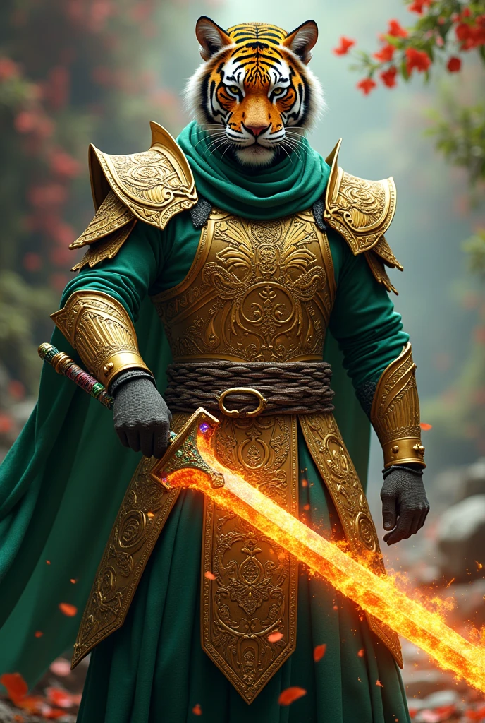 Ninja in green clothes , showing tiger face with fire sword , gold armour, couraça no peito cerulean cheia de pedras preciosas verde,rot, purple,cerulean,yellow,Safira branca Greva cerulean.