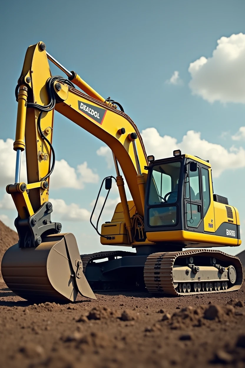 deadpool driving a yellow a} excavator