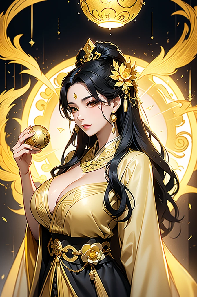 Black Hair, Immortal, Beauty, Royal sister, Stepmother, Gold Yellow Taoist robe, Golden Phoenix Coronet, Hair Bunch, Big Breasts , Mature Woman,Sunshine
