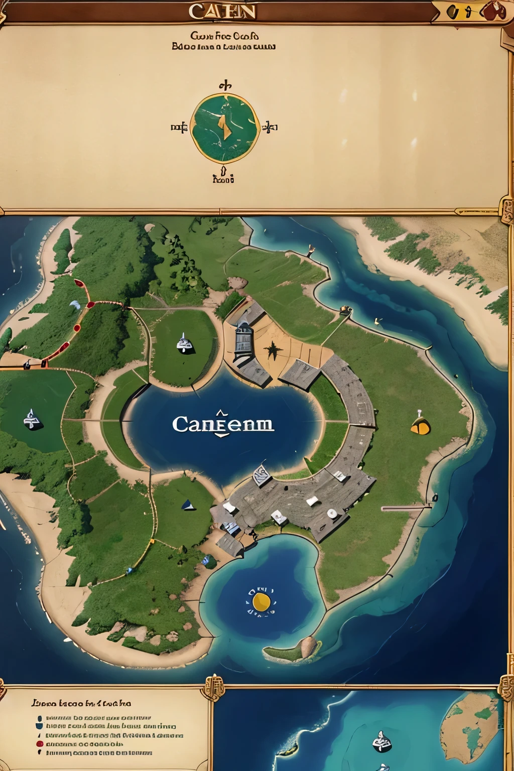 Create the map for a board game similar to Catan, It is an island which has the same materials as Catan., But there are 2 starting points for the teams and the sea surrounds the entire island., not to pass through the middle. Make it clear that the materials to be collected in each section are different.