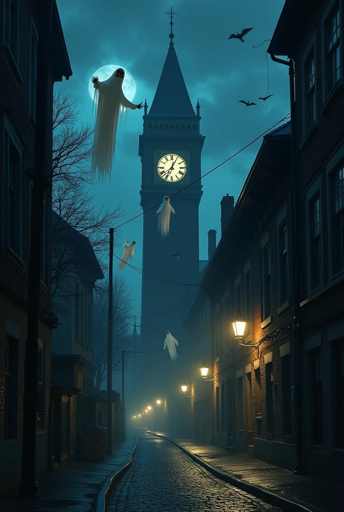four realistic scary ghosts flying between a large clock tower at the end of a dark street at midnight