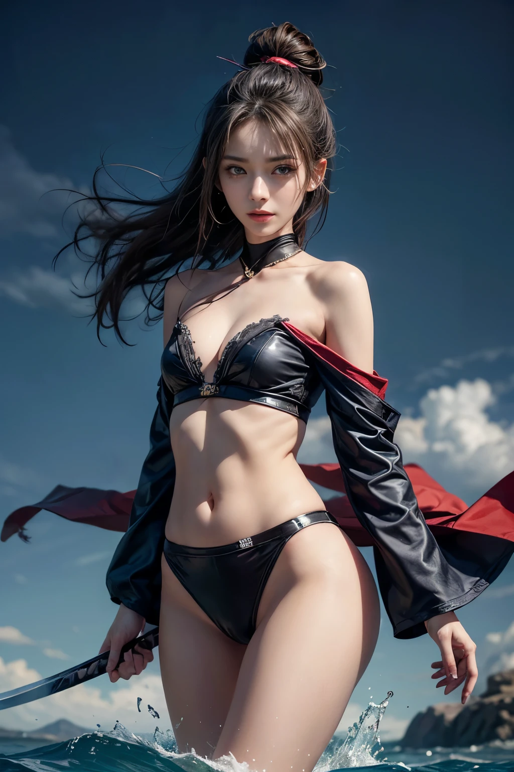 (RAW shooting, Photoreal:1.5, 32K, highest quality, masterpiece, ultra high resolution), sengoku, Fire, Wars flaring up everywhere:1.3, perfect dynamic composition:1.2, Highly detailed skin and facial textures:1.2, Slim female samurai with a sharp Japanese sword:1.3, Fight:1.2, beautiful and aesthetic, cute and sexy beauty, perfect style:1.2, wear elaborate rings, fire, water, wind, thunder, ice, Fair skin, very beautiful face, (Medium chest, Chest gap), (embarrassing smile, The expression on your face when you feel intense caress, Facial expression when feeling pleasure), Dull-colored combat uniform,A real sniper,Covert,(Wearing a sexy sengoku uniform:1.1, off shoulder), (beautiful gray eyes, Eyes that feel beautiful eros:0.8), (Too erotic:0.9, Bewitching:0.9), full body shot,Small breasts,Flat Chest,Small hips,Are thin,Slim figure,Thin legs,Thin thighs,Upper kick,beautiful korean girl, beautiful Asian face,Hidden Weapon in Hairpin,Concealed weapon on waist,Please note that rubber was not used at this time.,Please note that clothing is limited to natural materials such as thin cotton.,Please note that underwear is not generally worn.,Flat chest,Battle of the Last Boss,Standing alone against the final, most powerful enemy,The climax,final battle,Dawn is Near!,Slim legs and thighs,Small waist,Slim figure,Thin butt,Small hips,Leaner figure,The belly button and the surrounding area are exposed,Defeat the enemy ninja,