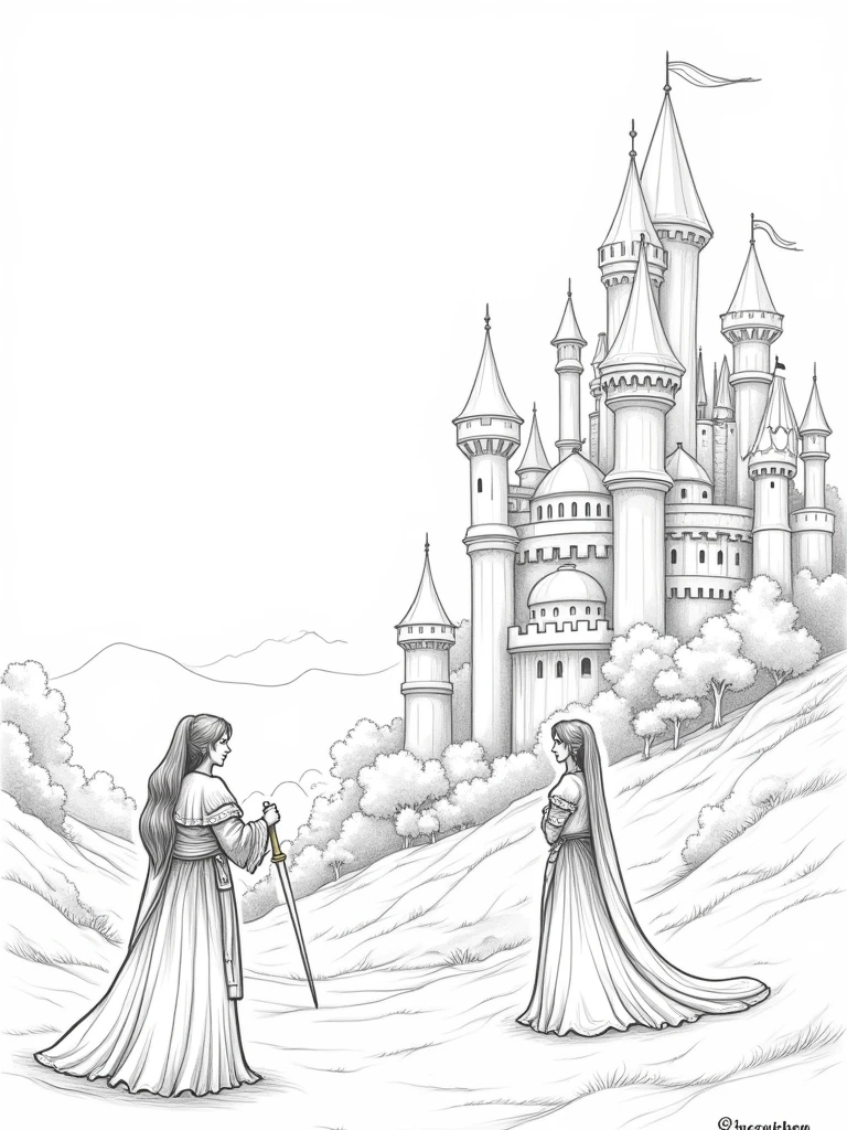 Classic fairy tale scenes in line art, including castles, princesses, dragons, fairies, and knights. The illustrations should capture the magic and wonder of stories like 'Cinderella,' 'Beauty and the Beast,' and 'Jack and the Beanstalk