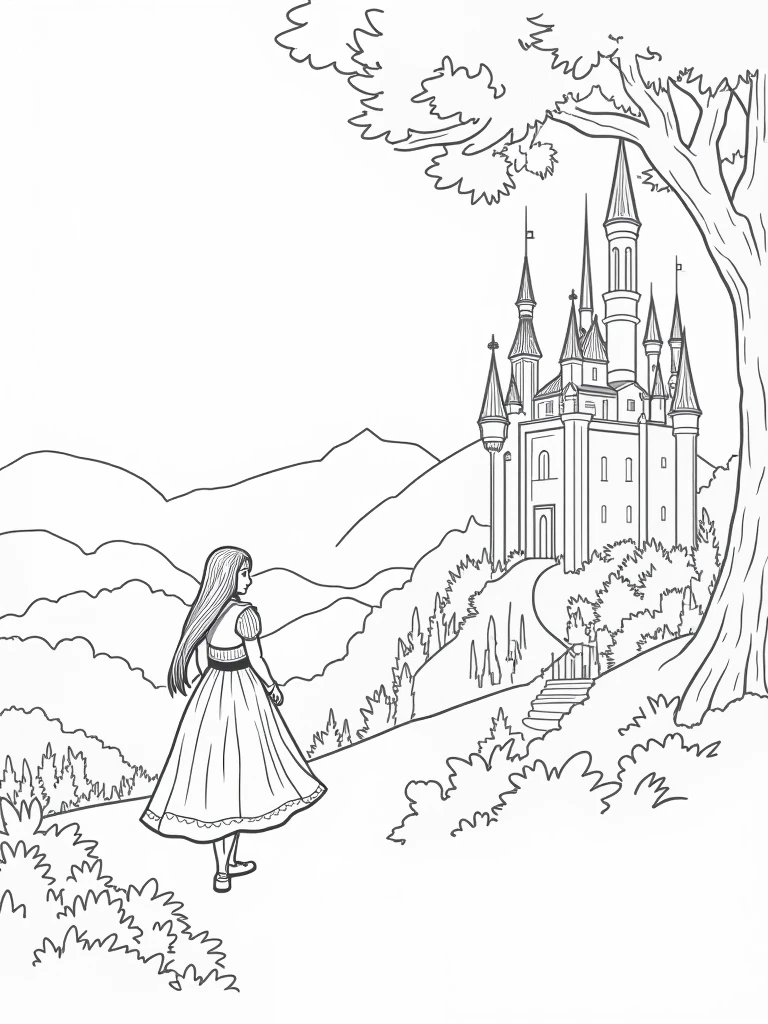 Classic fairy tale scenes in line art, including castles, princesses, dragons, fairies, and knights. The illustrations should capture the magic and wonder of stories like 'Cinderella,' 'Beauty and the Beast,' and 'Jack and the Beanstalk