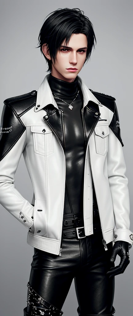 Final fantasy taste and reality graphics, Japanese young cute and cool ikemen  boy, his age is early 20s, thin eyebrows and beady eyes,  he wearing off white color leather  thick material jacket, jacket is single-brest, biker style jacket, with epaulet, jacket is long sleeve, leather jacket close all zippers, , jacket is voluminous, ,must jacket is high length and stand-up collar with two belts, jacket is a little black color line pattern,close the front of the jacket, also wearing black thick material turtleneck lackluster shirts,  tight black leather pants, shiny black leather tight and thin glove, black leather knee-high raceup boots,must views  head-to-toe,must views whole body, boy looks like fashion model,Do not show skin from the neck down,leather jacket leather glove and leather pants have few wrinkles,boy in the room,Avoid showing your innerwear
